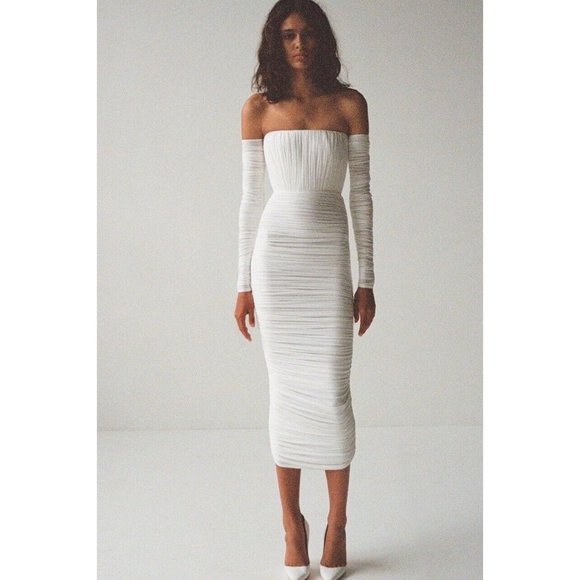 Alex Perry Sterling Ruched Long Sleeve Off Shoulder Dress White - Picture 1 of 8